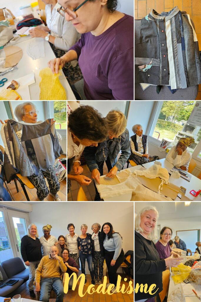 Participantes de l’atelier de modélisme et patronage réalisant des créations textiles et développant leurs compétences en couture et transformation de vêtements.