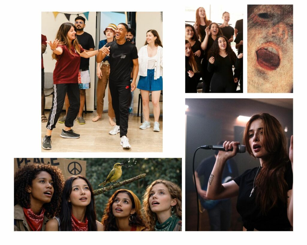 Collage de photographies illustrant l’atelier de chant Vague de Voix animé par Giuliana Mettini. Les participantes développent leur voix, leur expression artistique et le plaisir de chanter ensemble dans un cadre bienveillant et inclusif.