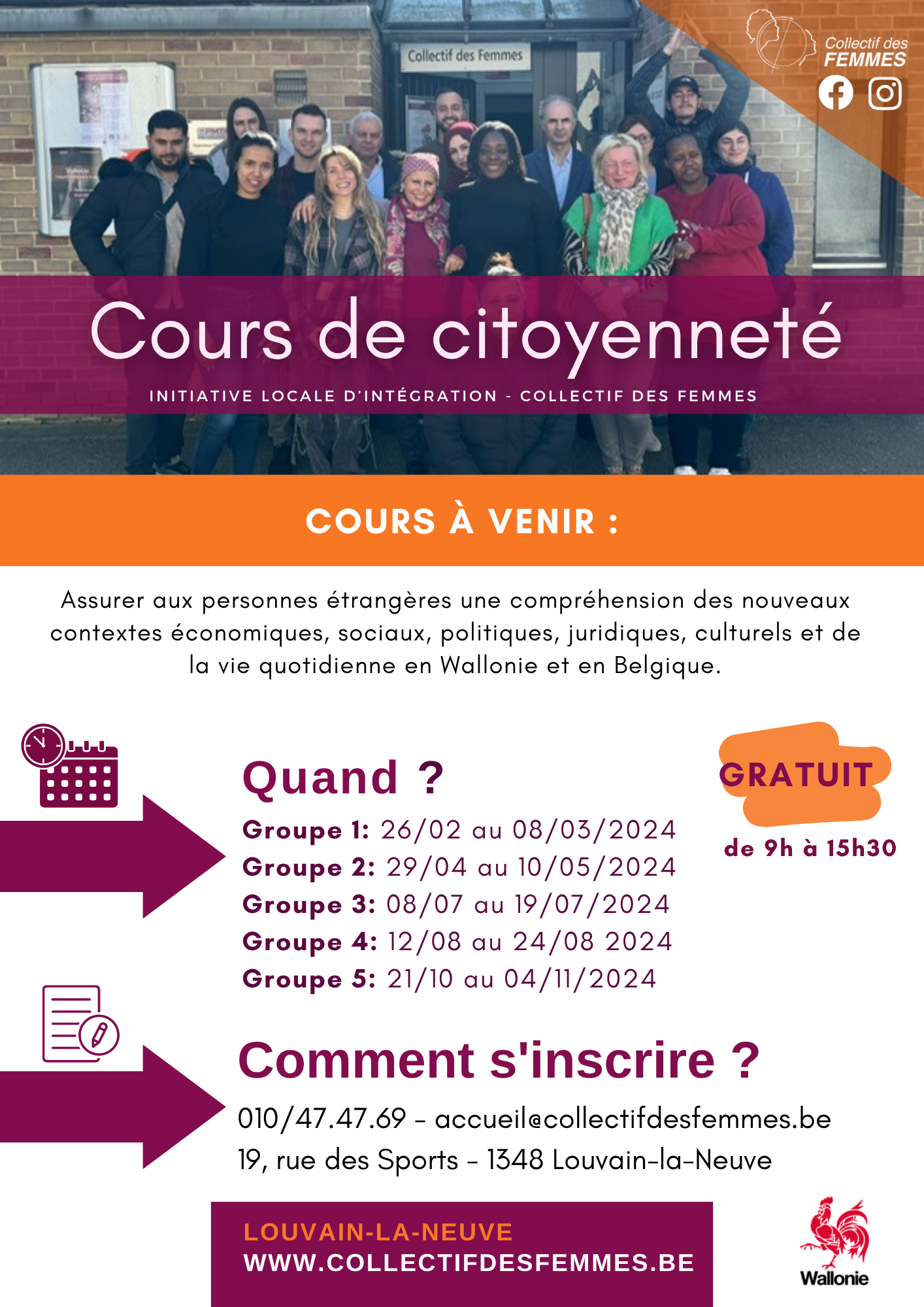 Affiche des cours de citoyenneté organisés par le Collectif des Femmes à Louvain-la-Neuve