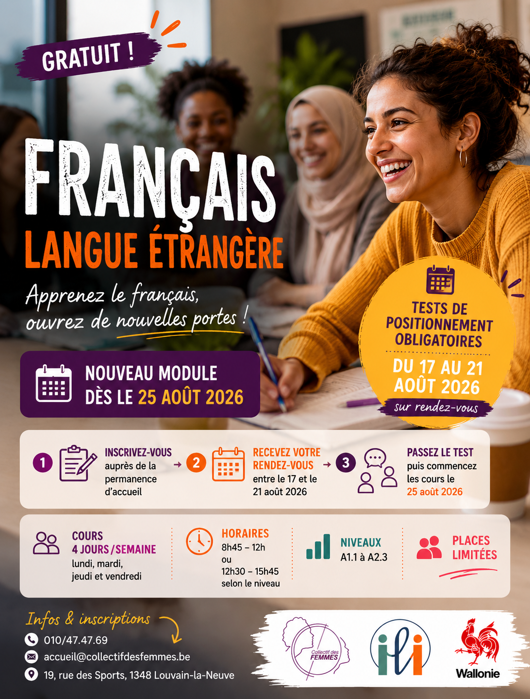 Affiche du Collectif des Femmes annonçant un nouveau module de cours de français langue étrangère (FLE) gratuits à Louvain-la-Neuve à partir du 25 août 2026, avec tests de positionnement sur rendez-vous du 17 au 21 août 2026.
