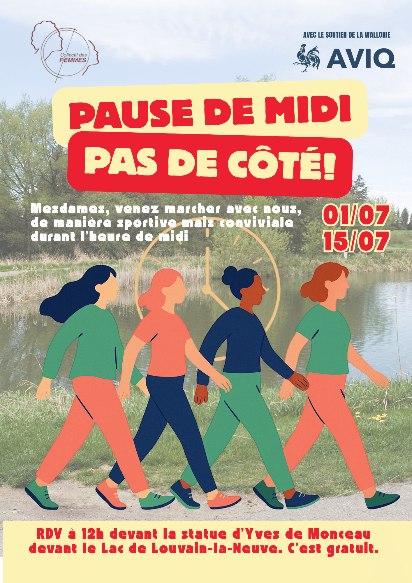 Affiche de la Pause de Midi organisée par le Collectif des Femmes, un atelier gratuit favorisant le bien-être, les échanges et la convivialité.