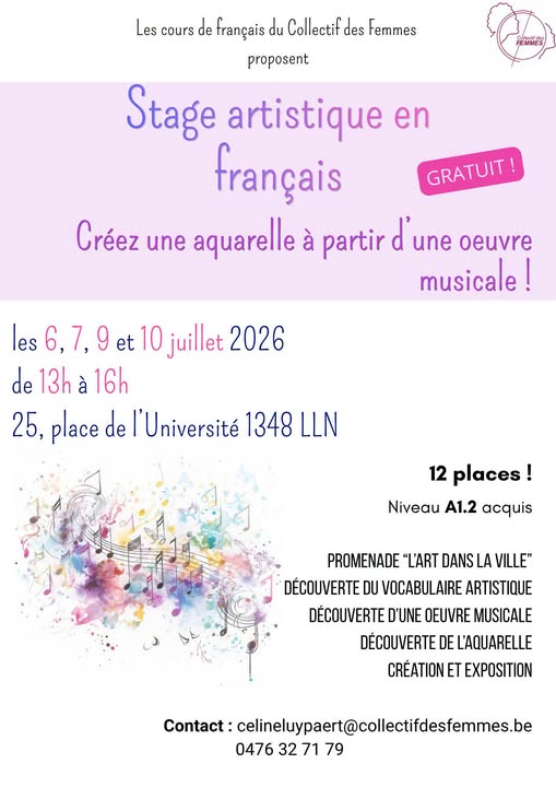Affiche du stage artistique en français organisé par le Collectif des Femmes à Louvain-la-Neuve.