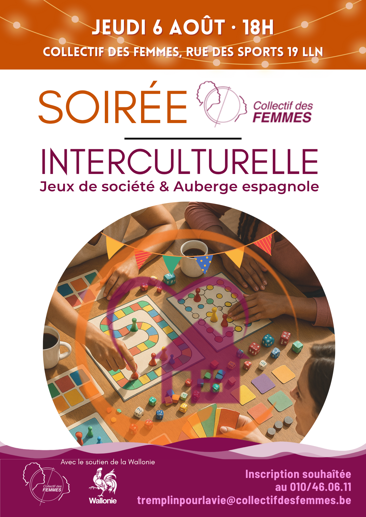Affiche du Collectif des Femmes annonçant une Soirée interculturelle « Jeux de société & Auberge espagnole », le 6 août 2026 à Louvain-la-Neuve.