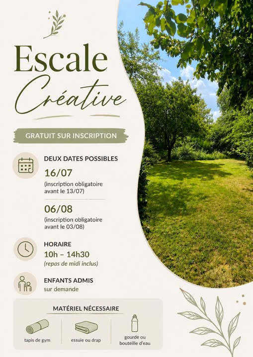 Affiche d’Escale Créative, stage gratuit à Louvain-la-Neuve.