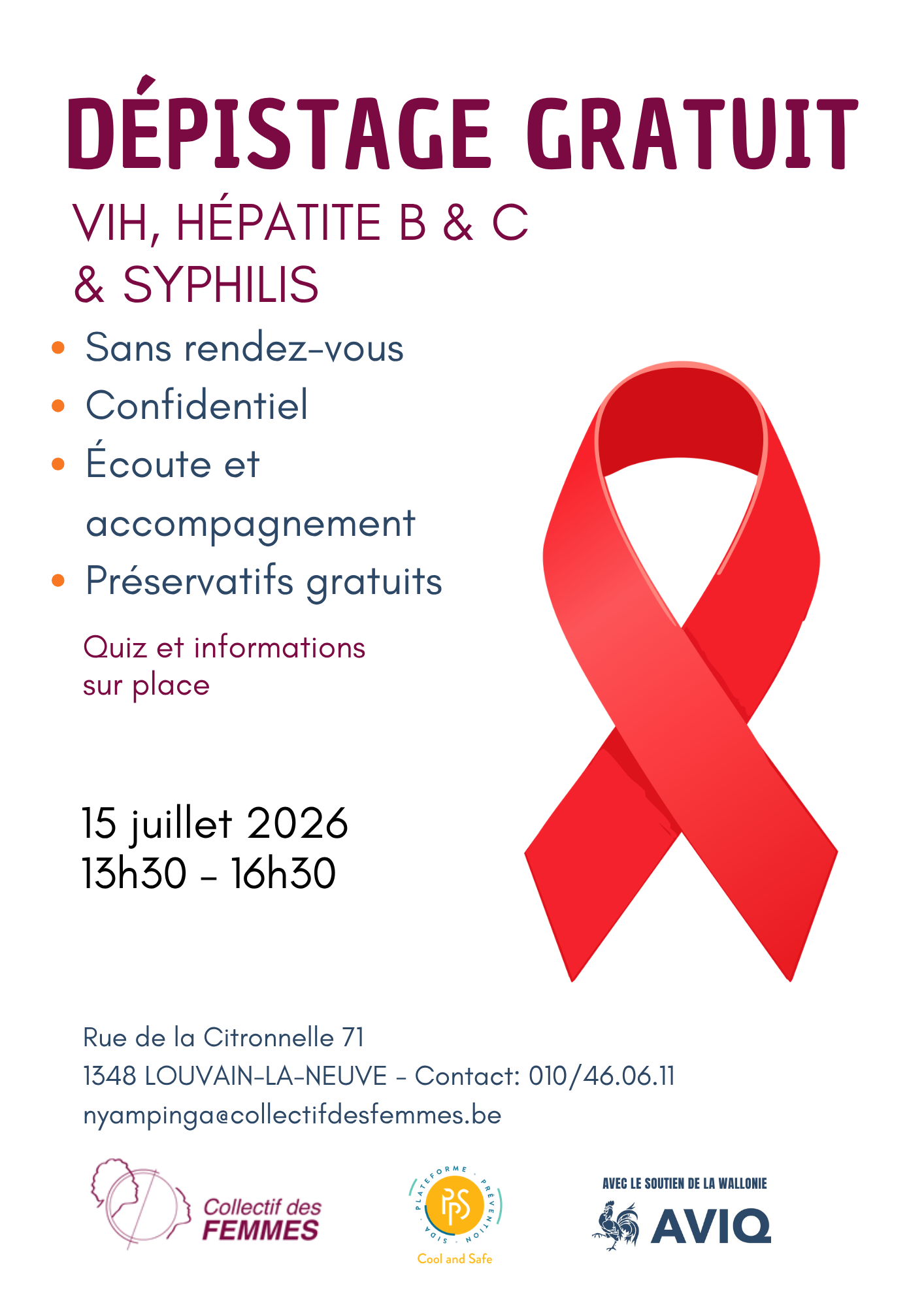 Affiche du dépistage gratuit VIH, hépatites B et C et syphilis à Louvain-la-Neuve le 15 juillet 2026.