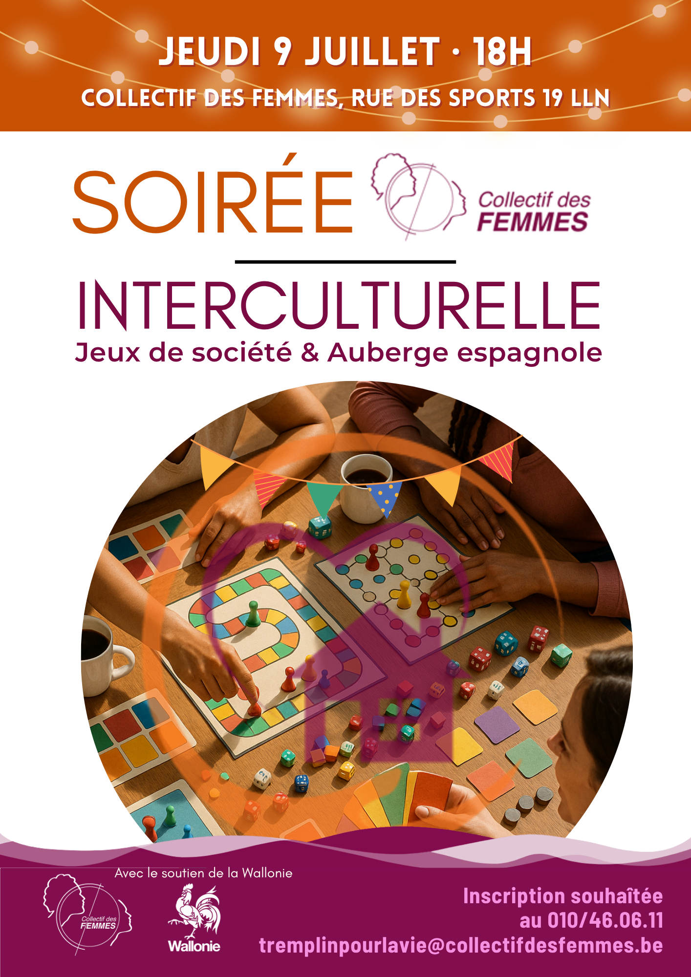 Affiche de la soirée interculturelle Jeux de société et Auberge espagnole du 9 juillet 2026 à Louvain-la-Neuve