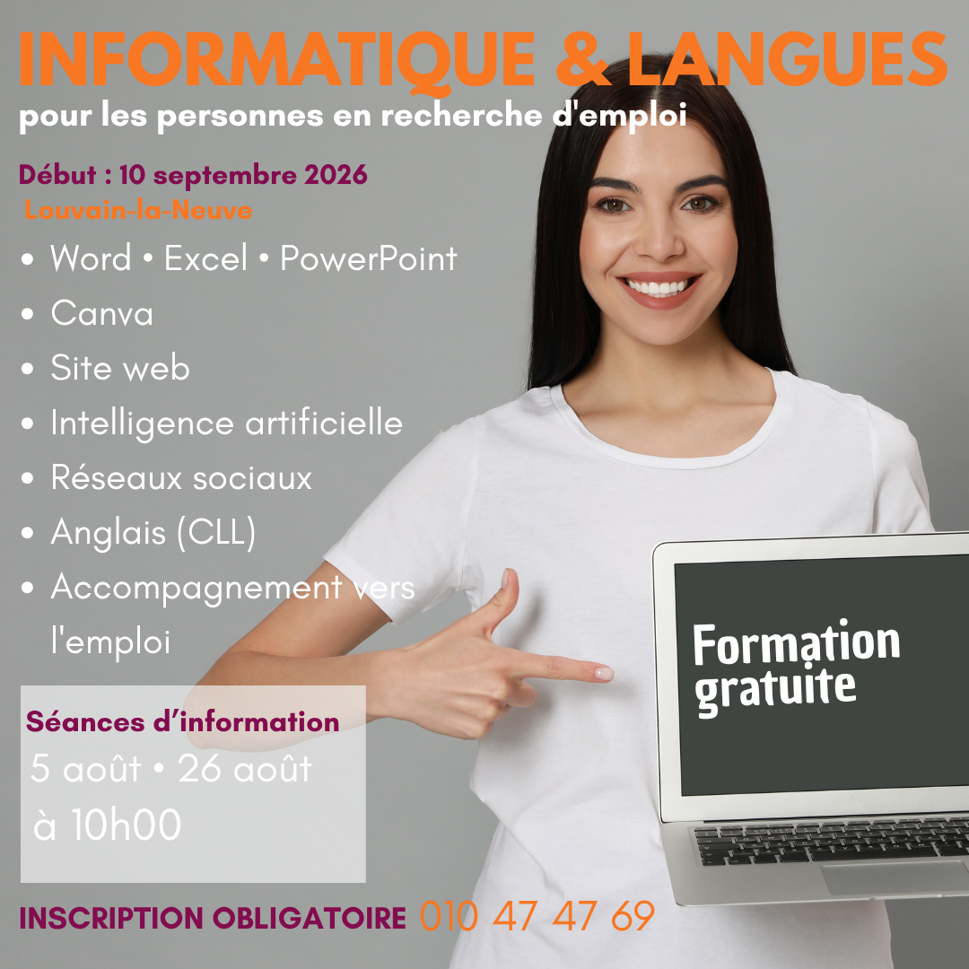 Affiche de la formation gratuite « Informatique & Langues » du Collectif des Femmes à Louvain-la-Neuve pour les personnes en recherche d'emploi. Bureautique, Canva, intelligence artificielle, création de site web, anglais et accompagnement vers l'emploi.