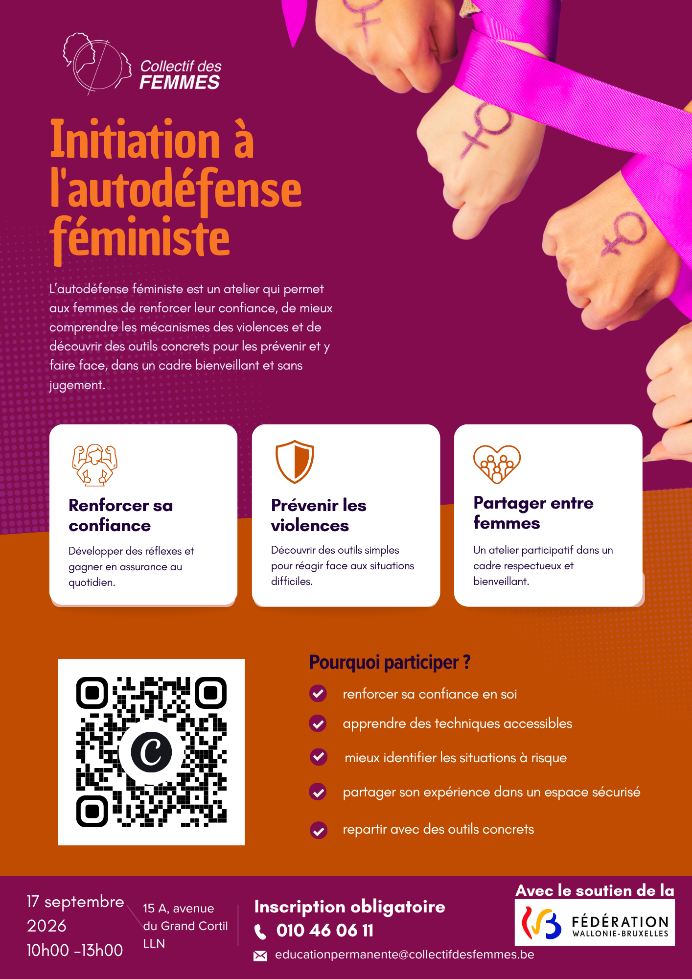 Initiation à l’autodéfense féministe le 17 septembre 2026 à Louvain-la-Neuve