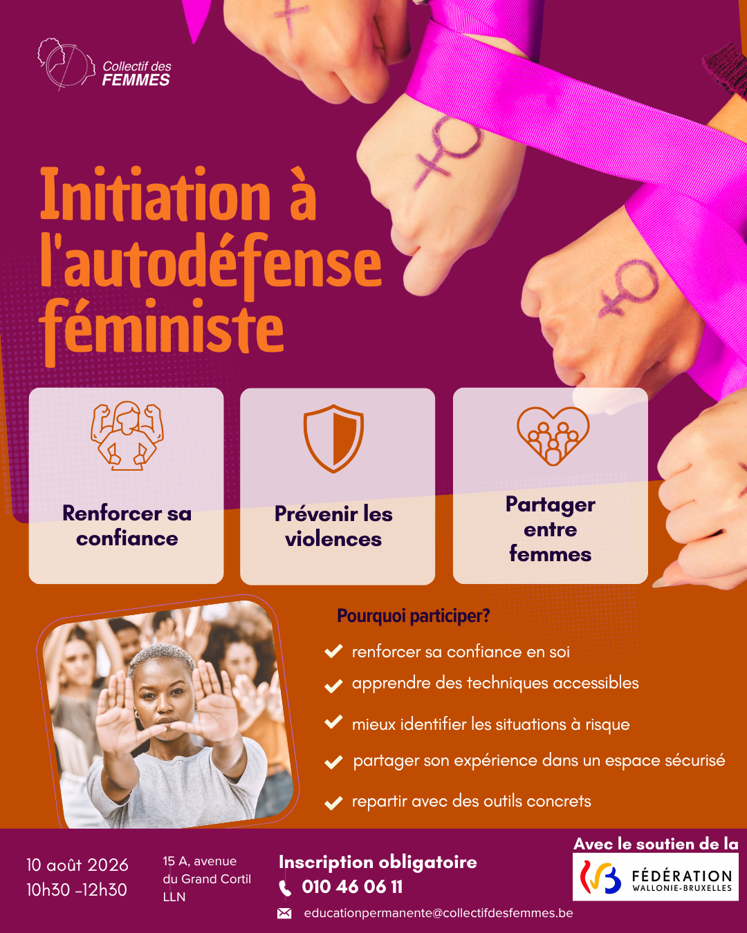 Affiche de l'atelier d'initiation à l'autodéfense féministe organisé par le Collectif des Femmes à Louvain-la-Neuve le 10 août 2026.