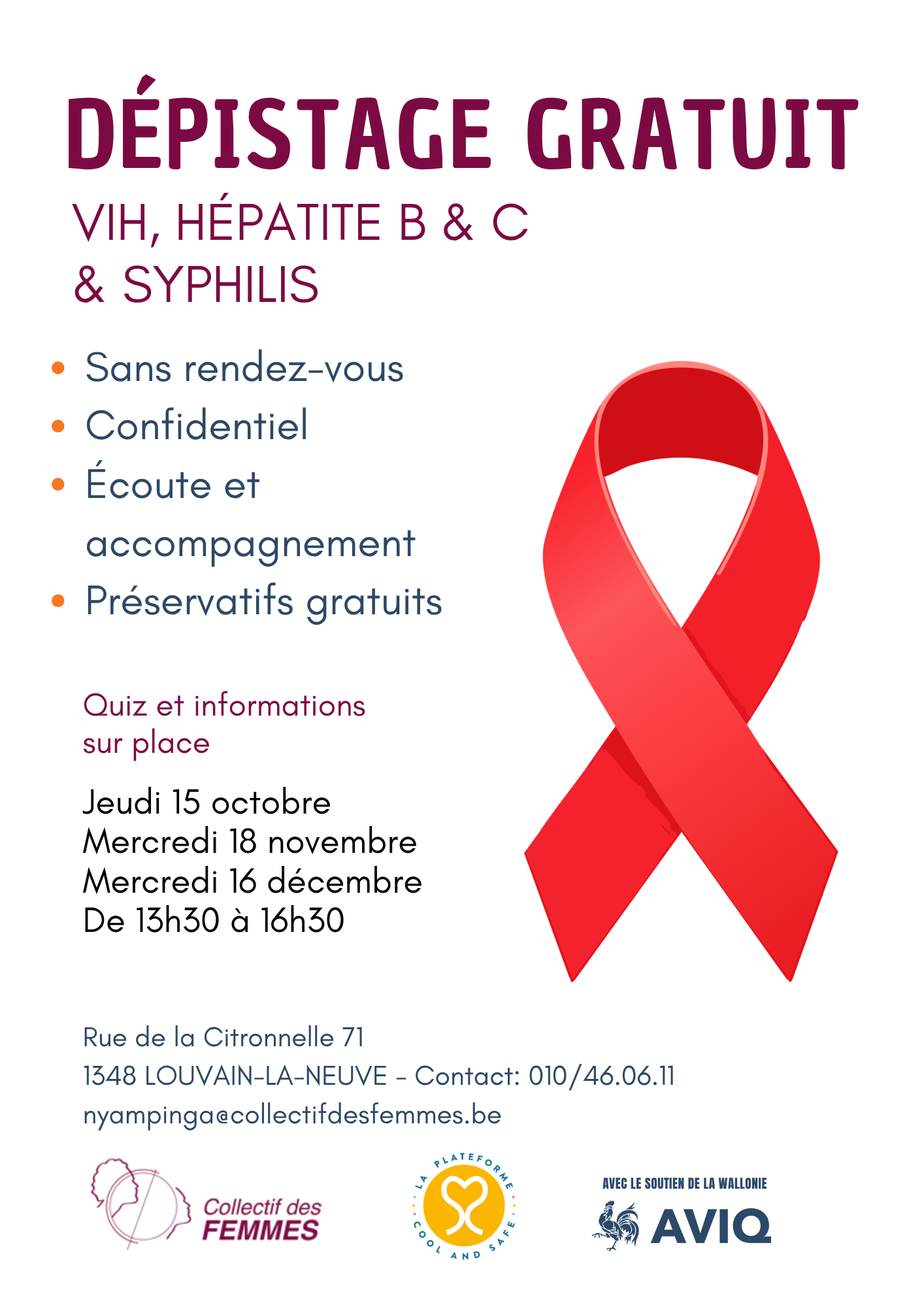 Affiche du dépistage gratuit VIH, hépatites B et C et syphilis à Louvain-la-Neuve en octobre, novembre et décembre 2026.