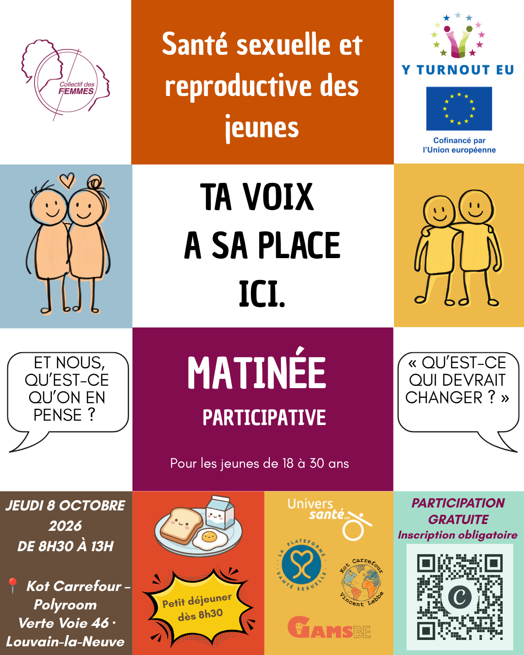 Affiche de la matinée participative sur la santé sexuelle et reproductive des jeunes à Louvain-la-Neuve le 8 octobre 2026