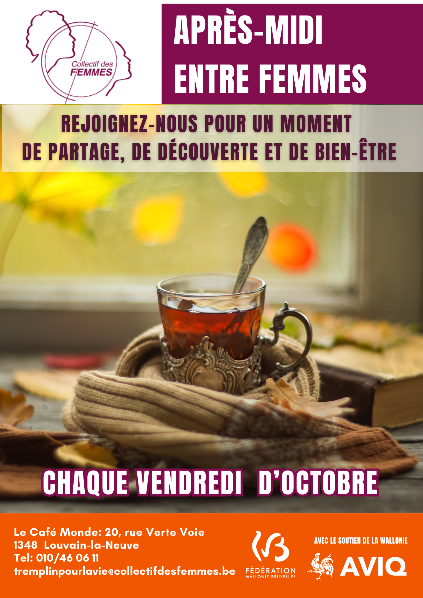 Affiche Après-midi entre femmes au Café Monde à Louvain-la-Neuve, chaque vendredi d’octobre 2026.