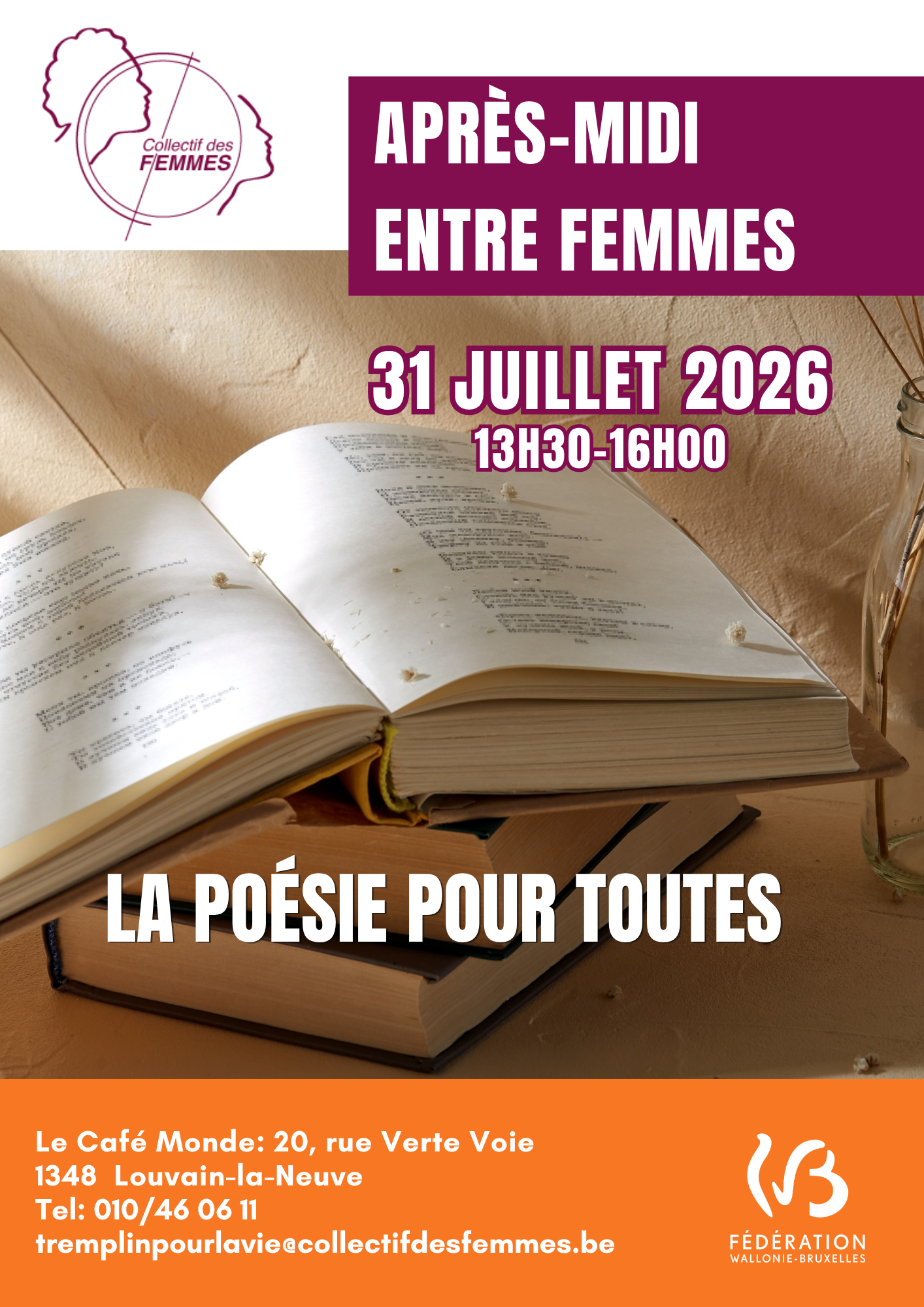 La poésie pour toutes – Après-midi entre femmes le 31 juillet 2026 à Louvain-la-Neuve