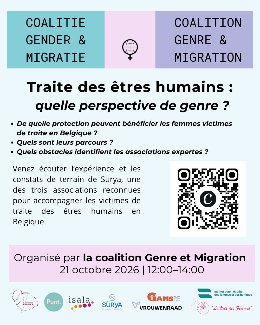 Affiche du webinaire « Traite des êtres humains : quelle perspective de genre ? » du 21 octobre 2026