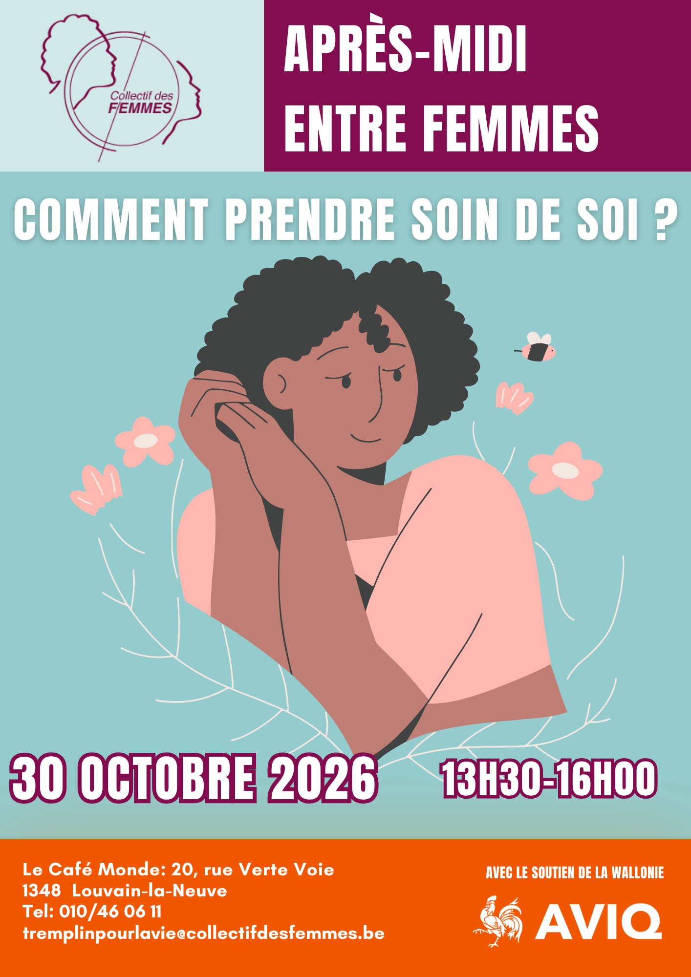 Après-midi entre femmes « Comment prendre soin de soi ? » le 30 octobre 2026 à Louvain-la-Neuve, organisé par le Collectif des Femmes.
