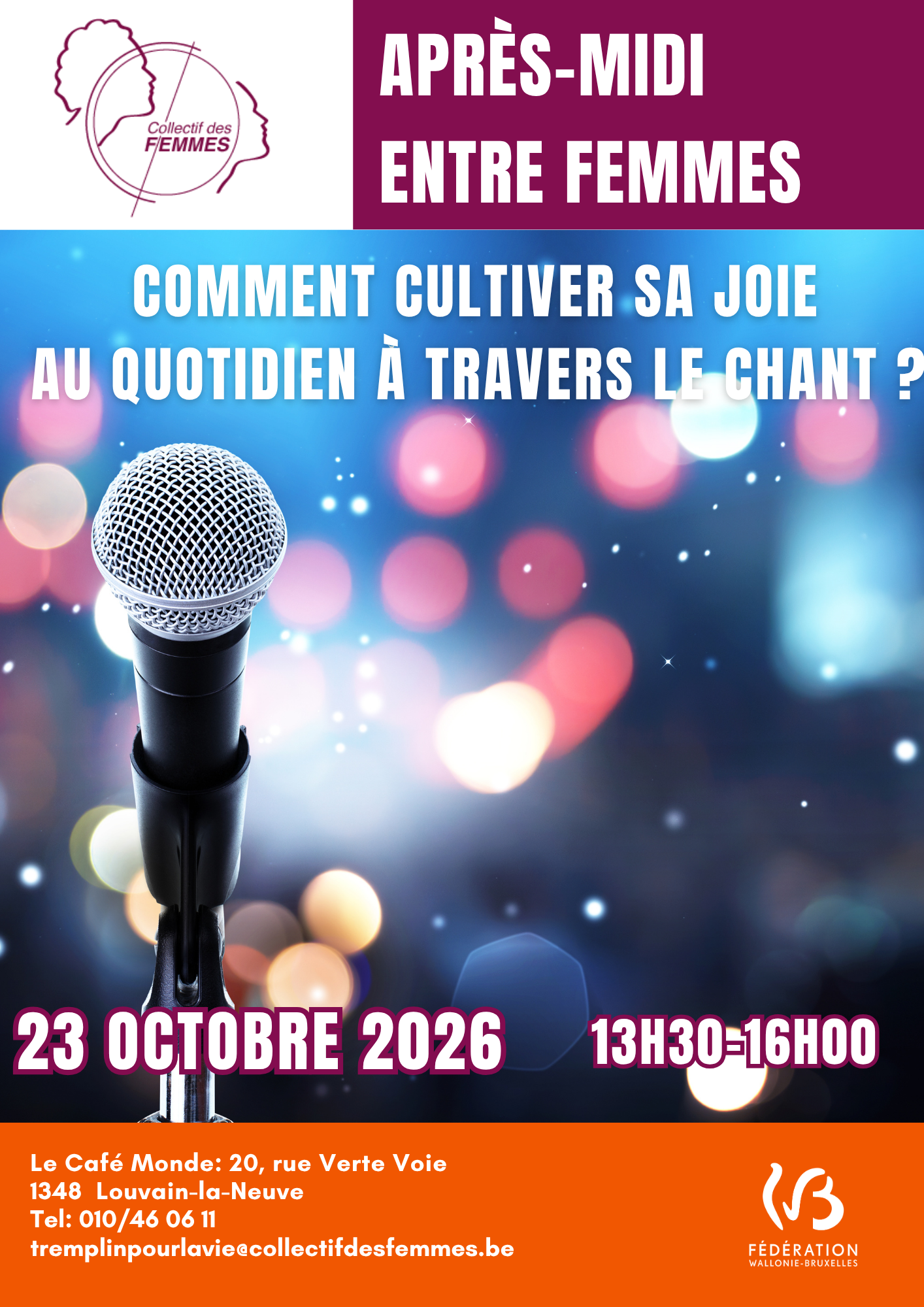 Après-midi entre femmes sur le chant et la joie au quotidien à Louvain-la-Neuve le 23 octobre 2026